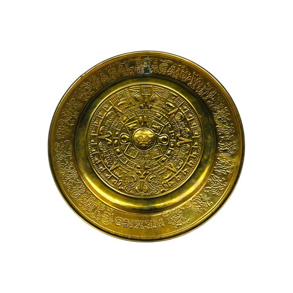 Vintage Guadalajara Mexico Decorative Brass Aztec Calendar Plate 11" - Picture 3 of 12